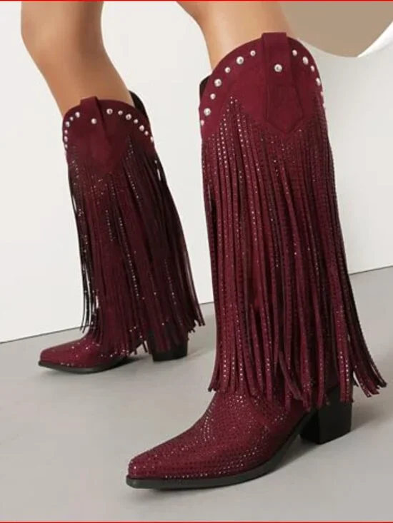 Rhinestone Fringe Cowgirl Boots, Faux Leather Mid-Calf Chunky Heel - Picture 2 of 7